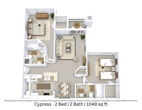Floor plan for 2 beds, 2 baths, 1049 sqft
